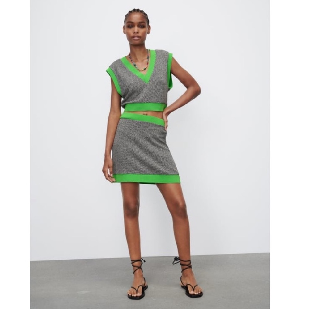 ZARA 2 Pc Coord Set Green Black Jacquard Chevron Geometric Top Matching Skirt S